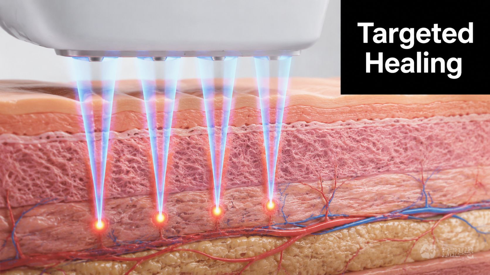 A diagram demonstrating targeted ultrasound energy focusing deep beneath the skin surface for therapeutic treatment.