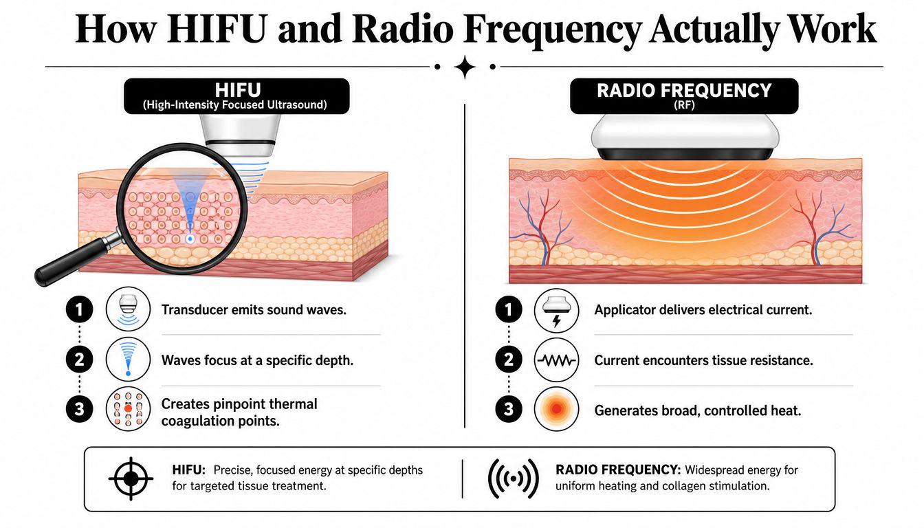 A comparison diagram illustrating how HIFU uses focused ultrasound waves while Radio Frequency uses electrical current for skin treatment.
