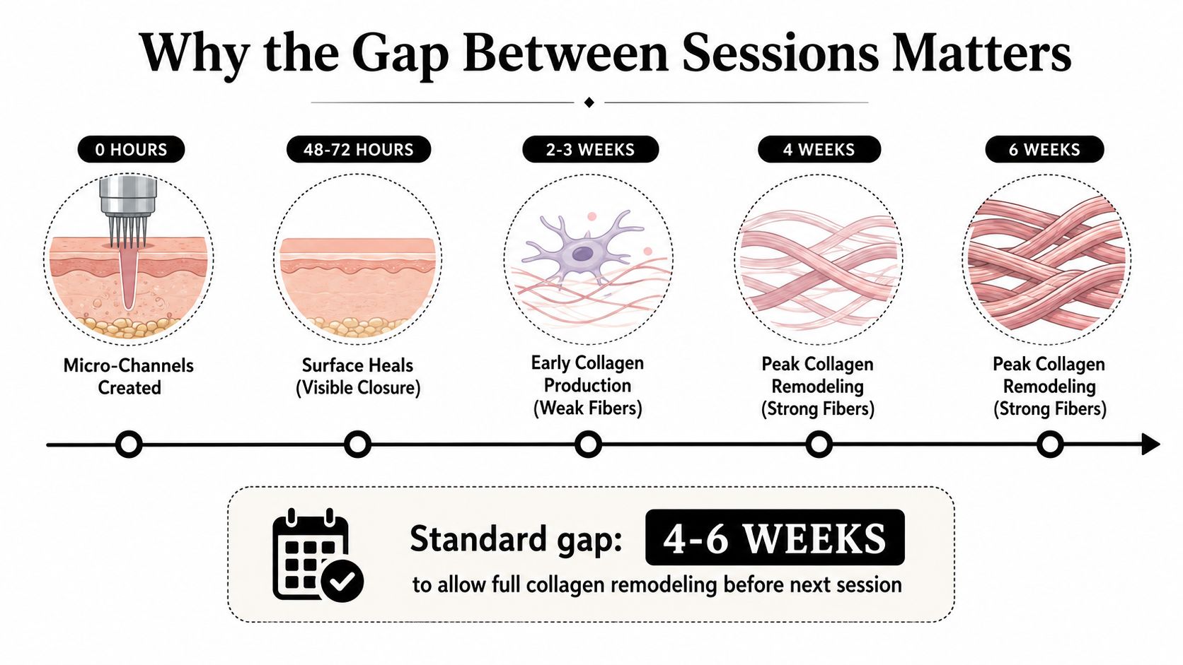 A timeline graphic showing the skin healing process stages after microneedling treatments over six weeks.