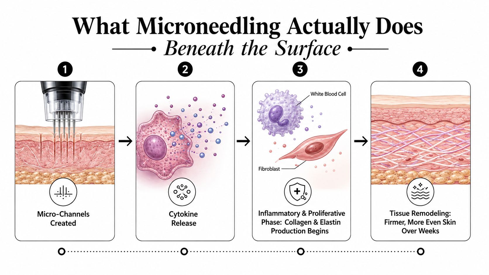 A four-step infographic illustrating the biological process of microneedling on human skin tissue.