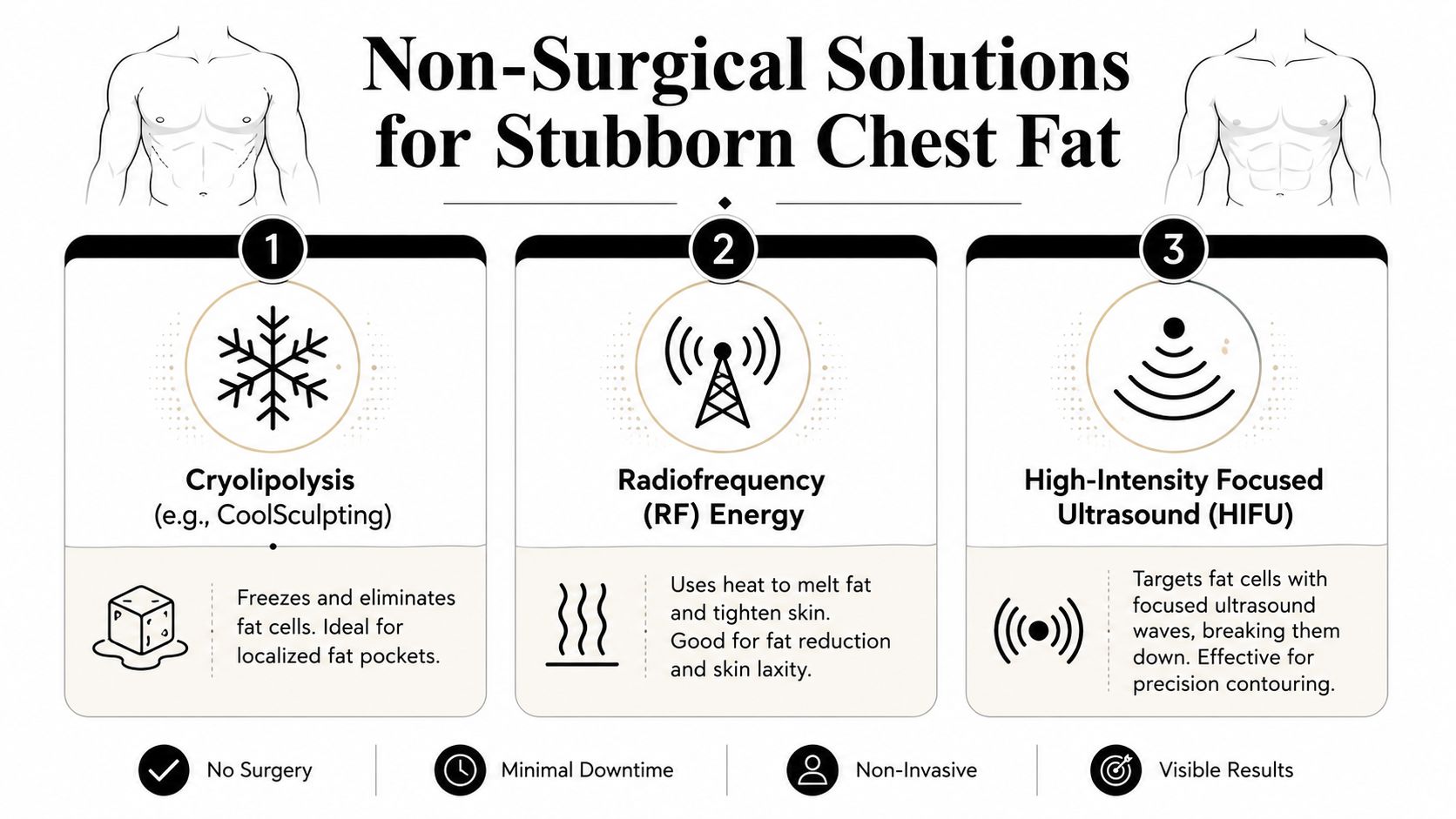An infographic detailing three non-surgical procedures like Cryolipolysis, Radiofrequency, and HIFU to reduce chest fat effectively.