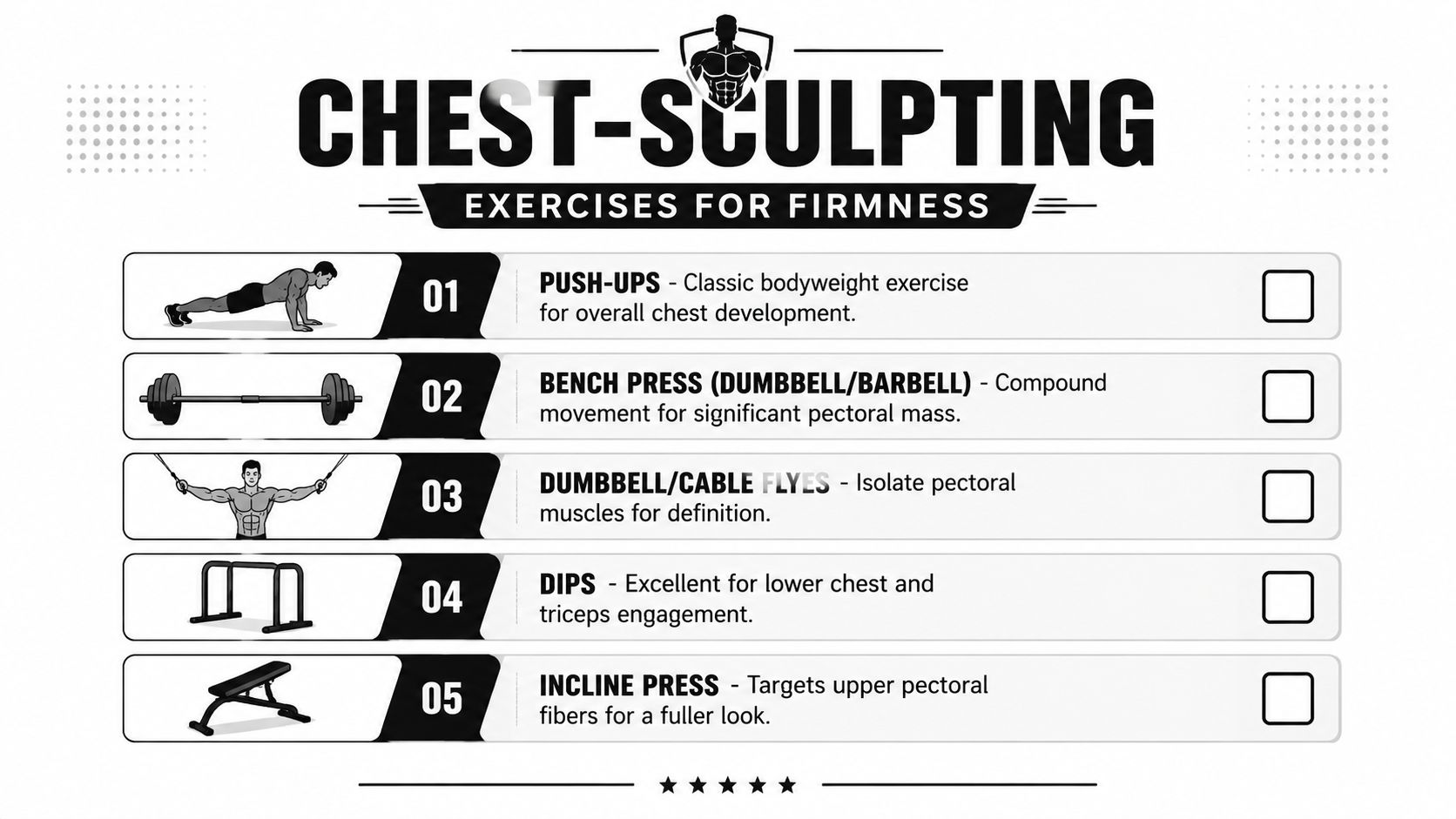 An infographic list of five effective chest sculpting exercises with illustrations for improving upper body firmness.