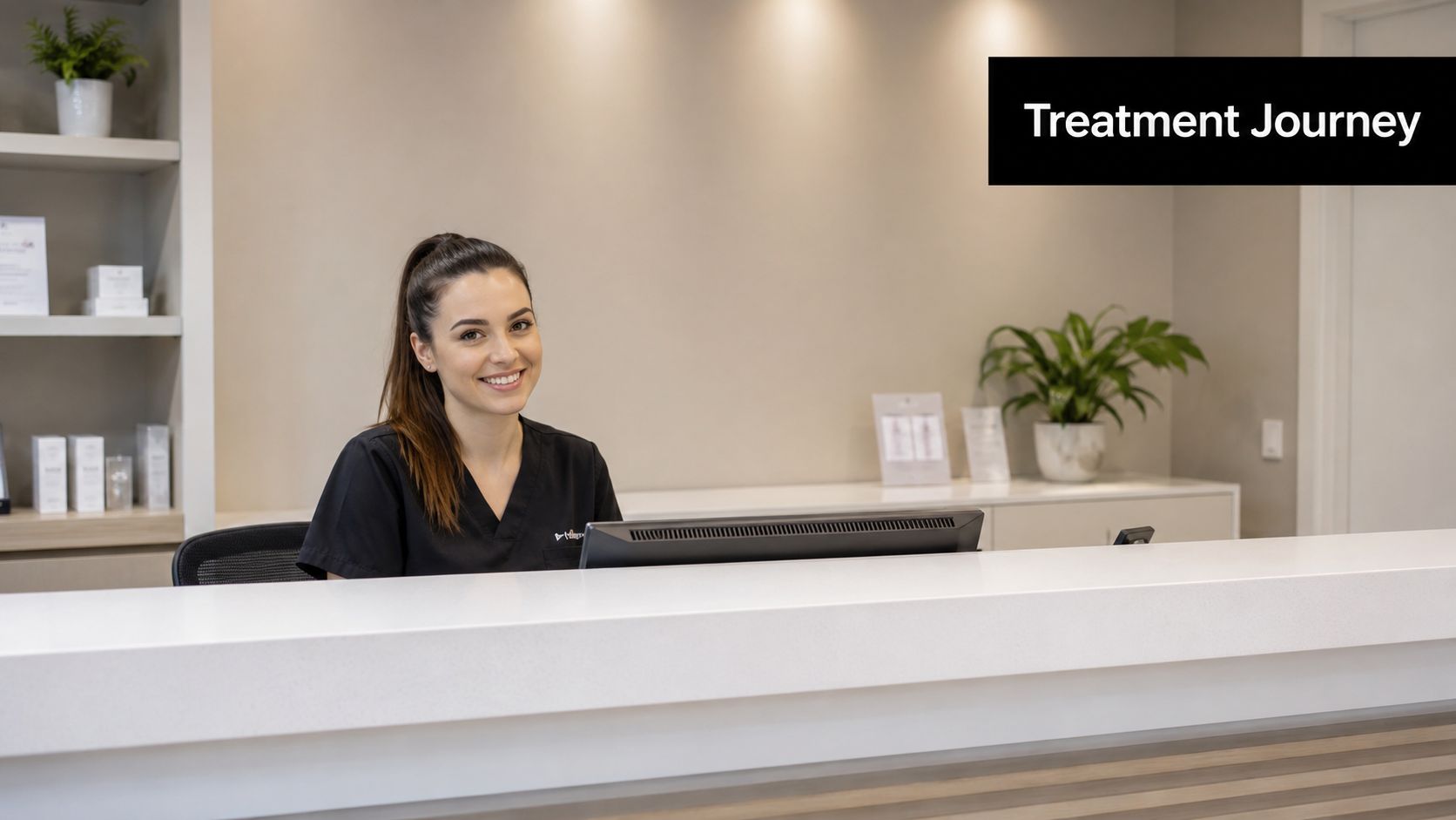A friendly female receptionist smiling behind a clean, professional medical clinic front desk and reception area.