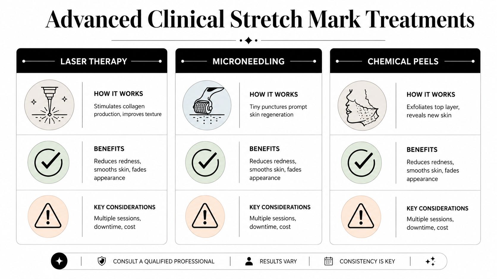 An infographic titled Advanced Clinical Stretch Mark Treatments comparing laser therapy, microneedling, and chemical peels options.