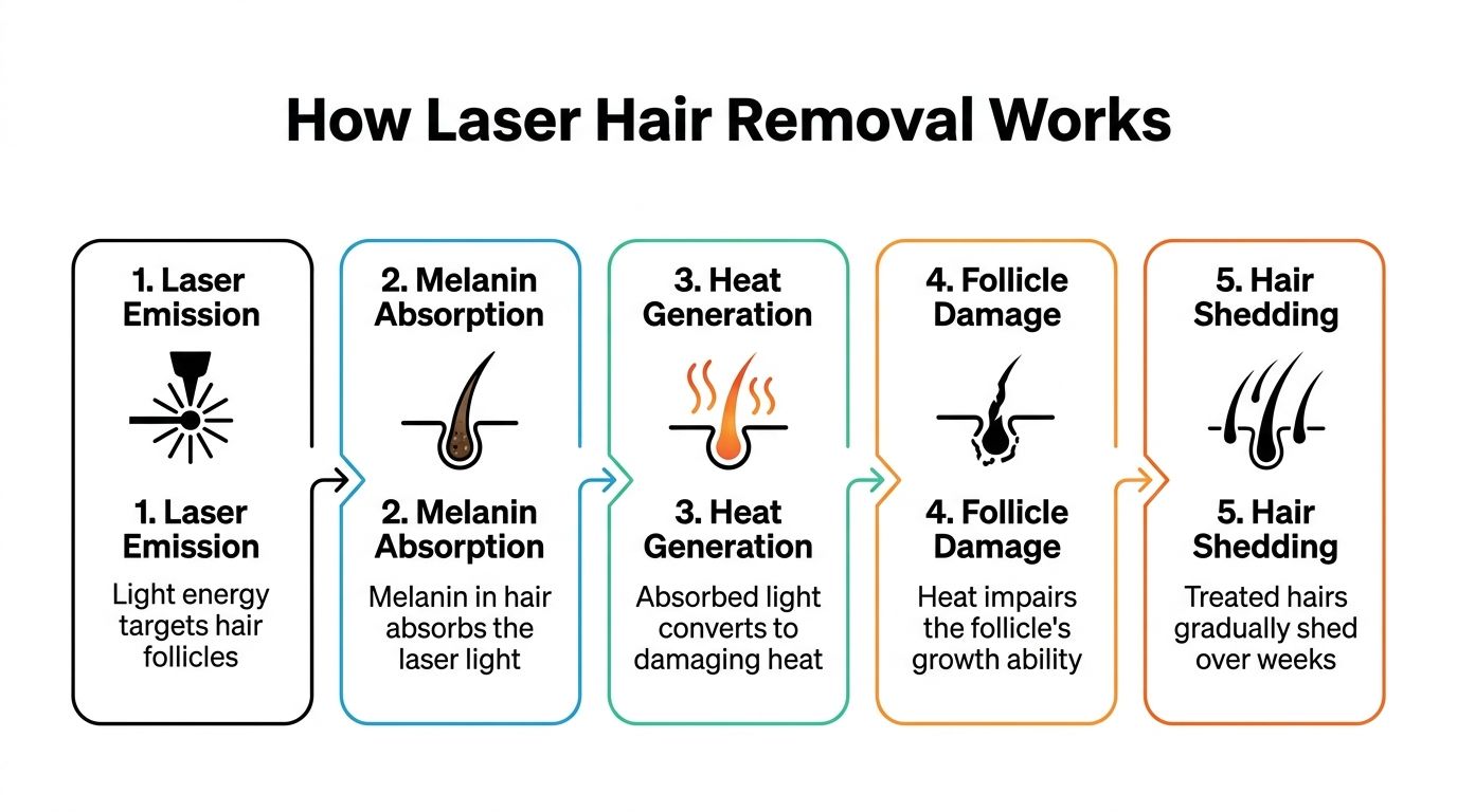 A diagram illustrating the five-step scientific process of how laser hair removal works on human skin follicles.