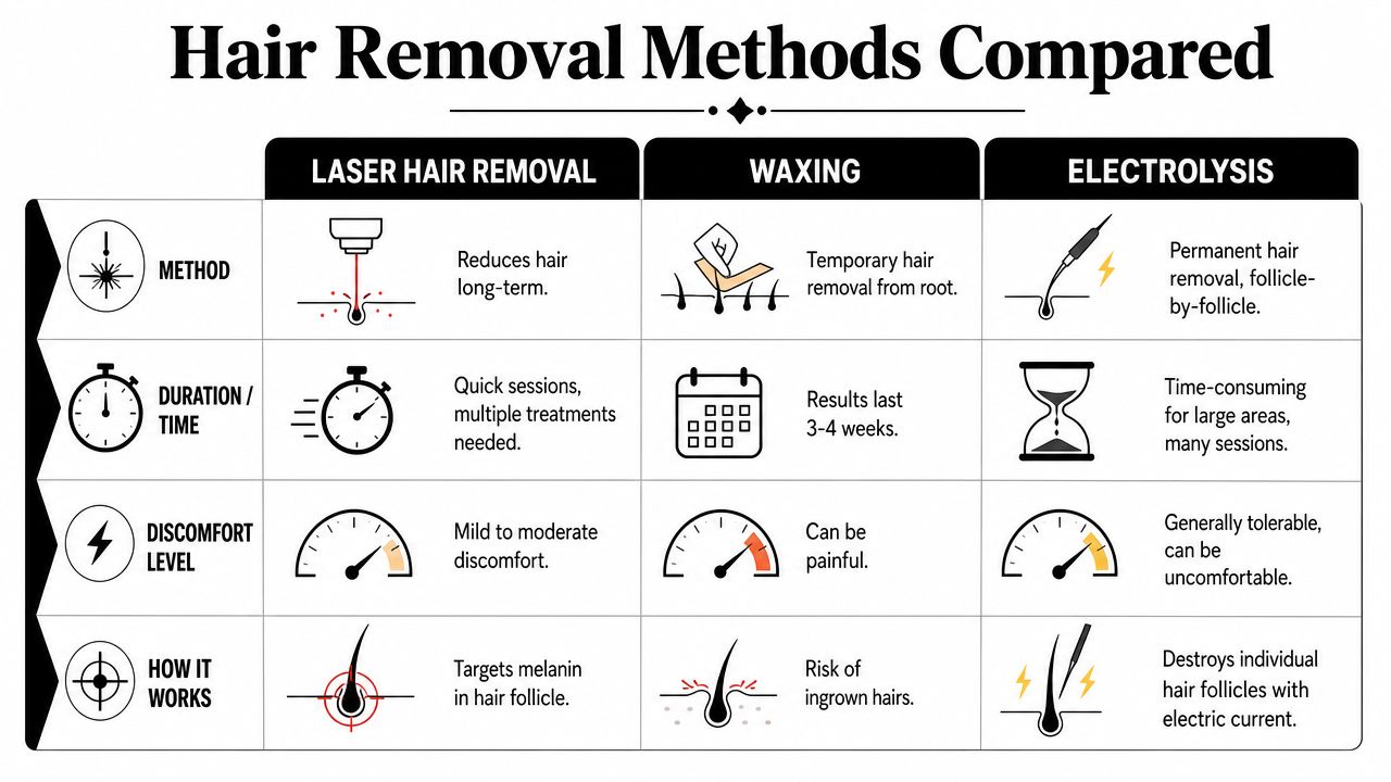 A comparison chart outlining the methods, duration, discomfort levels, and mechanisms of laser hair removal, waxing, and electrolysis.
