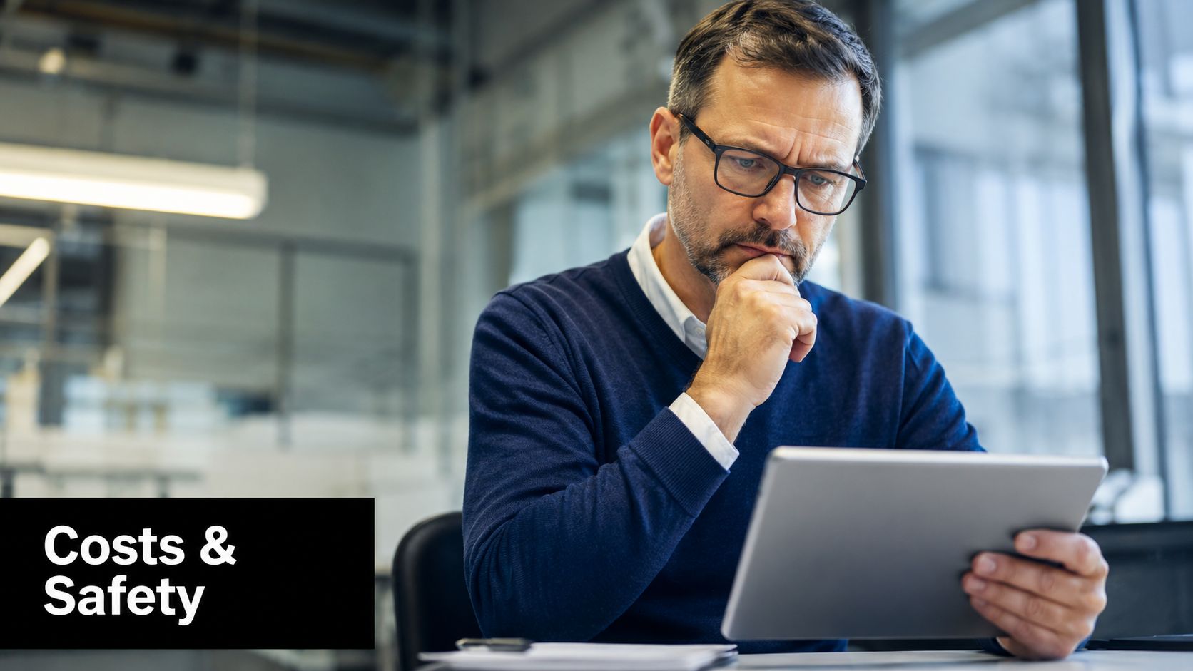A professional man with glasses sitting at a desk and reviewing information on his tablet device.
