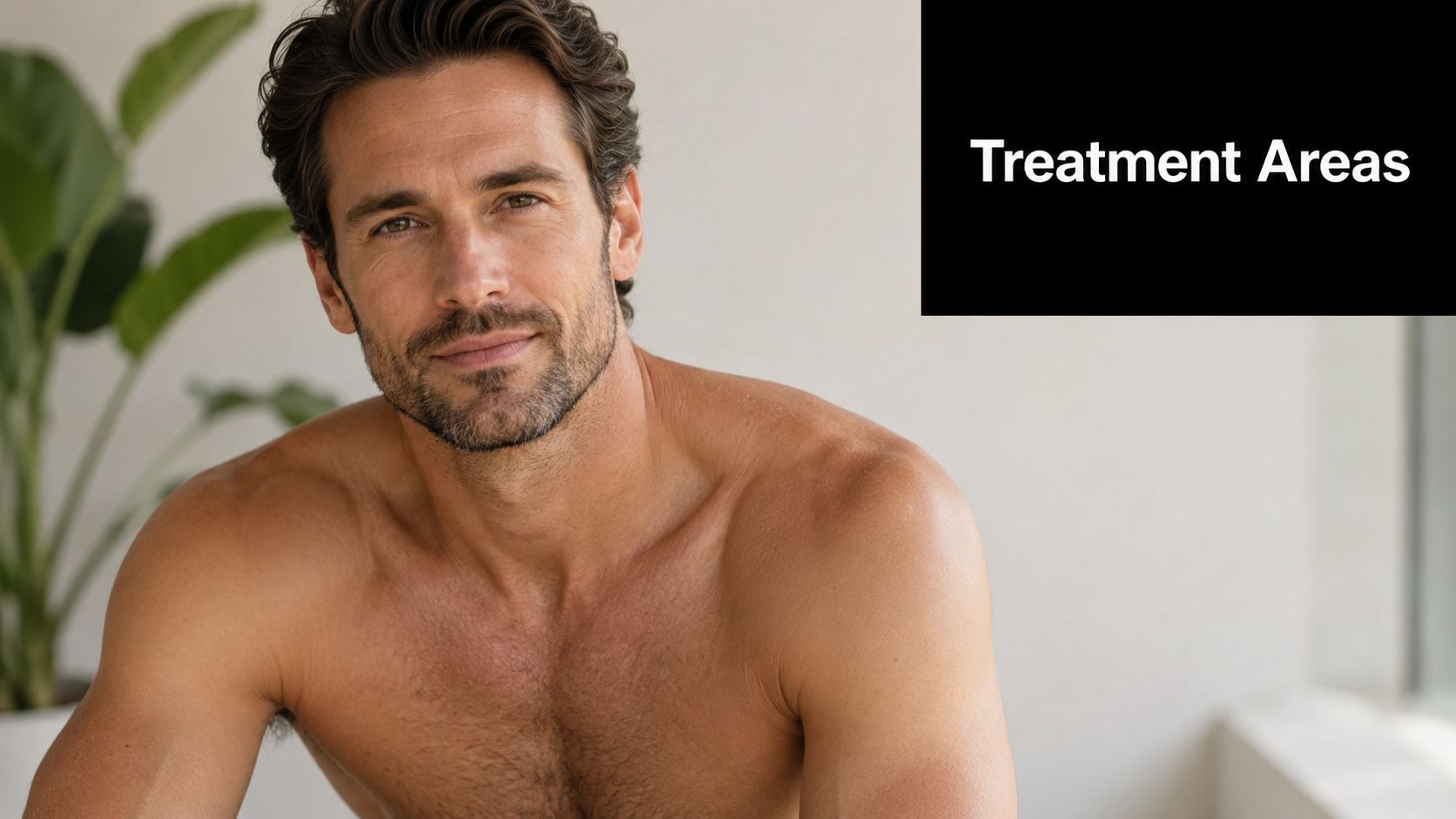 A shirtless, well-groomed man with facial hair looking directly at the camera for a skincare concept.