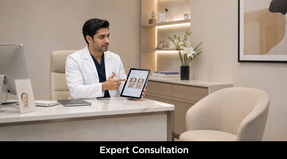 A professional doctor wearing a lab coat explains cosmetic treatment results to a patient during consultation.