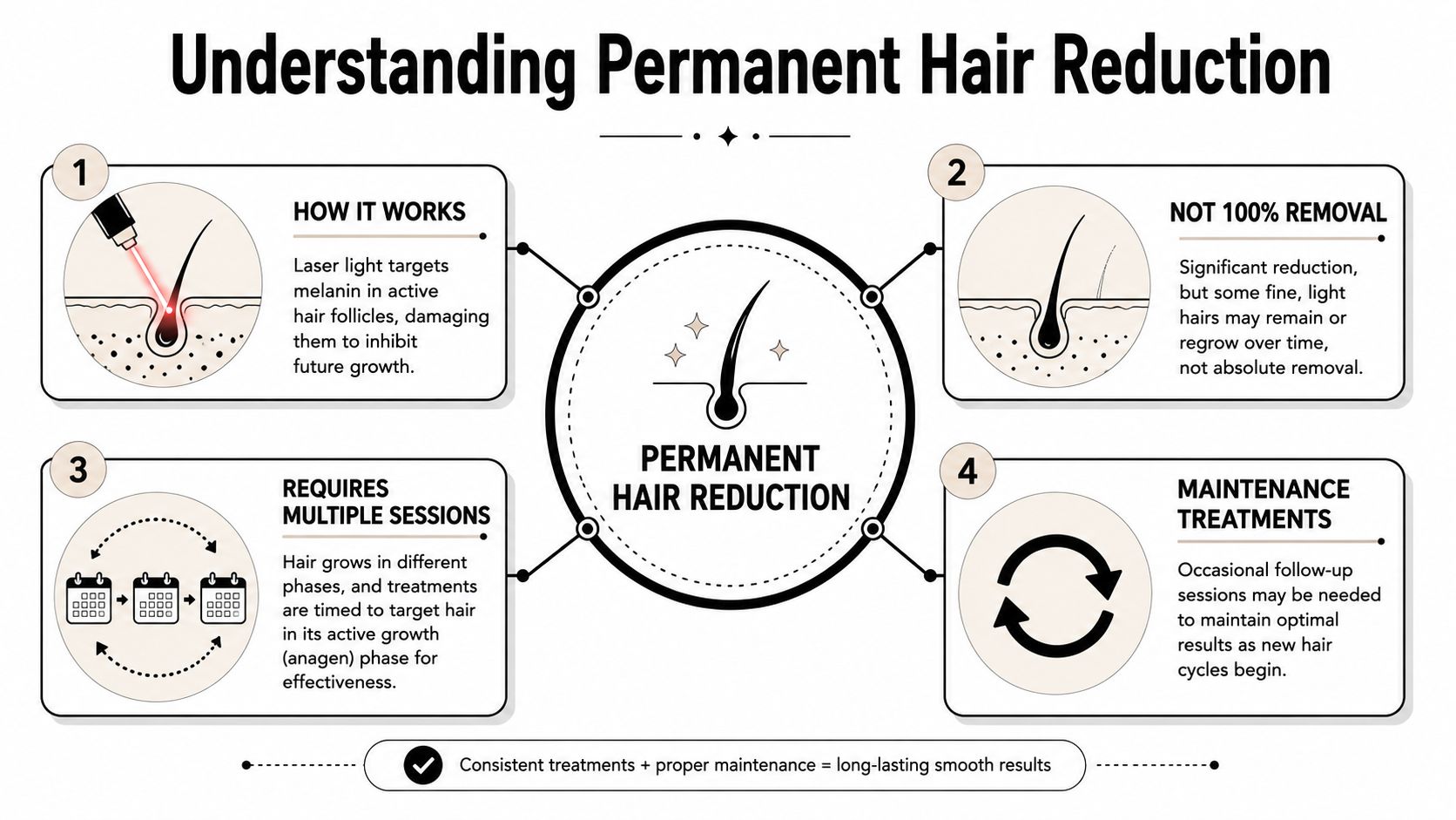An infographic titled Understanding Permanent Hair Reduction explaining the process, limitations, session requirements, and maintenance for laser hair removal.