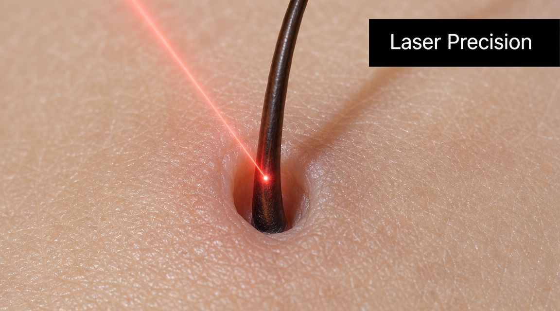 A close-up view of a laser beam targeting a single hair follicle on human skin surface.