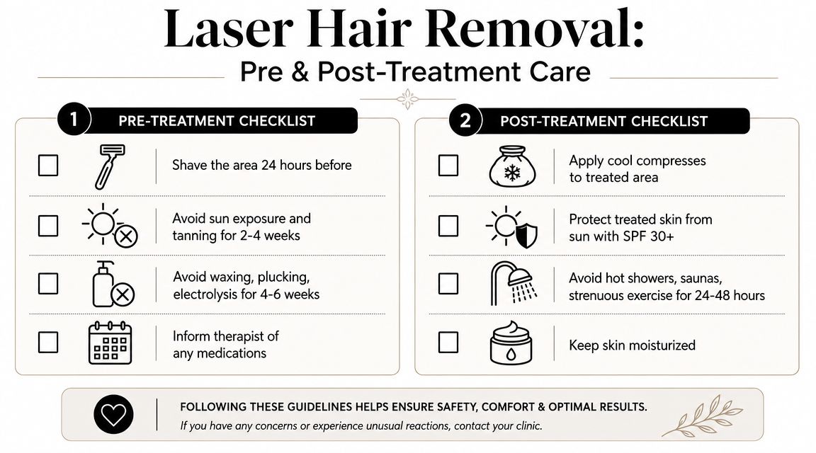 A checklist infographic detailing important pre-treatment and post-treatment care instructions for laser hair removal procedures.