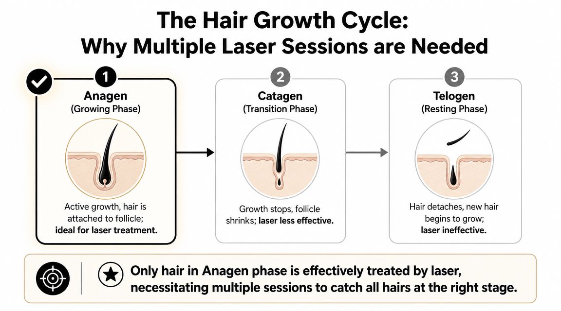 A diagram illustrating the three phases of the hair growth cycle: Anagen, Catagen, and Telogen for laser treatment.