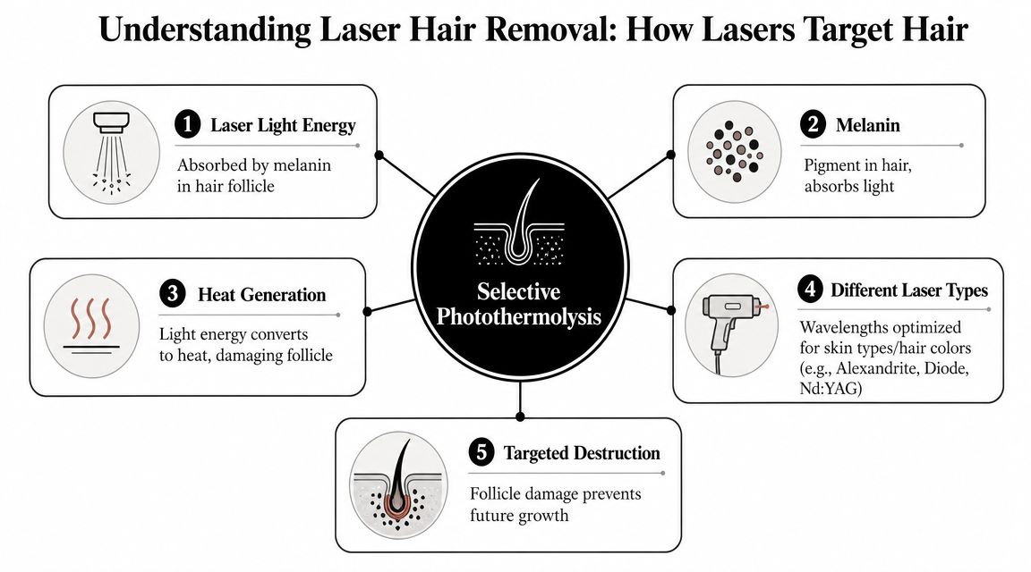 A diagram explaining the selective photothermolysis process used in laser hair removal through five steps.