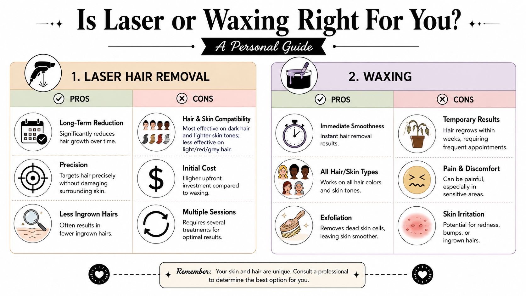 An infographic comparing pros and cons of laser hair removal and waxing for personal hair removal choices.