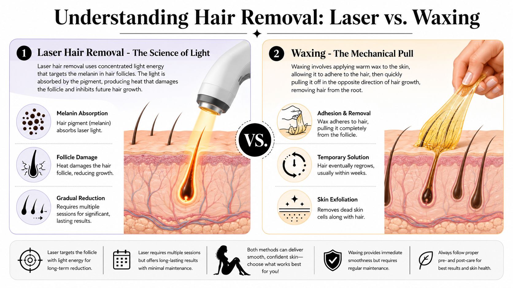 An infographic comparing laser hair removal and waxing, illustrating their mechanisms, benefits, and maintenance requirements.