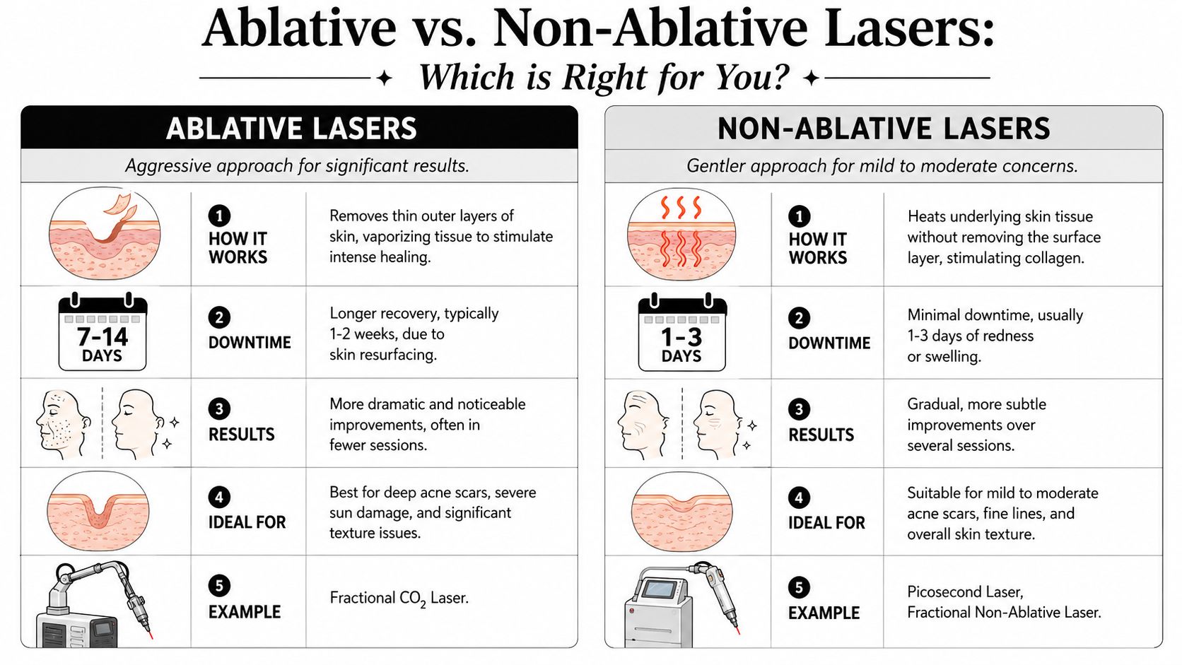A comparison chart showing the differences between ablative and non-ablative laser skin resurfacing treatments.