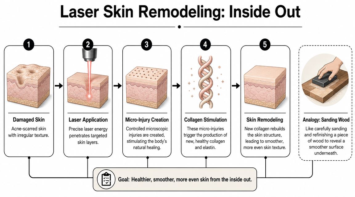 A five-step infographic showing the process of laser skin remodeling for treating acne scars.
