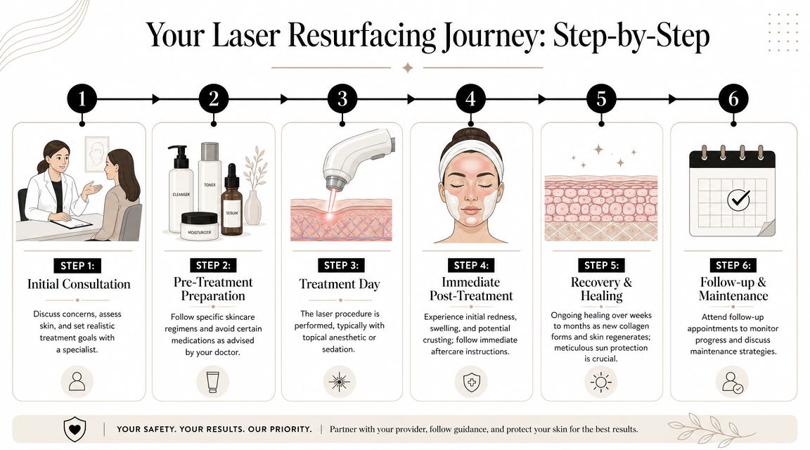 A step-by-step infographic illustrating the six-stage process of professional laser skin resurfacing treatment.
