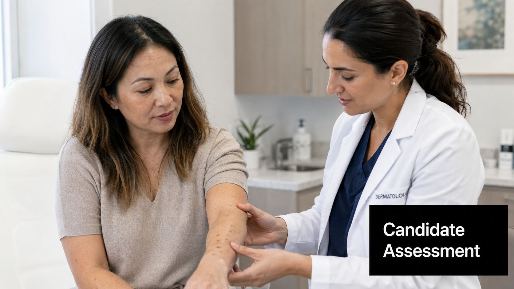 A dermatologist examines a patient's arm to evaluate skin conditions during a professional medical consultation.