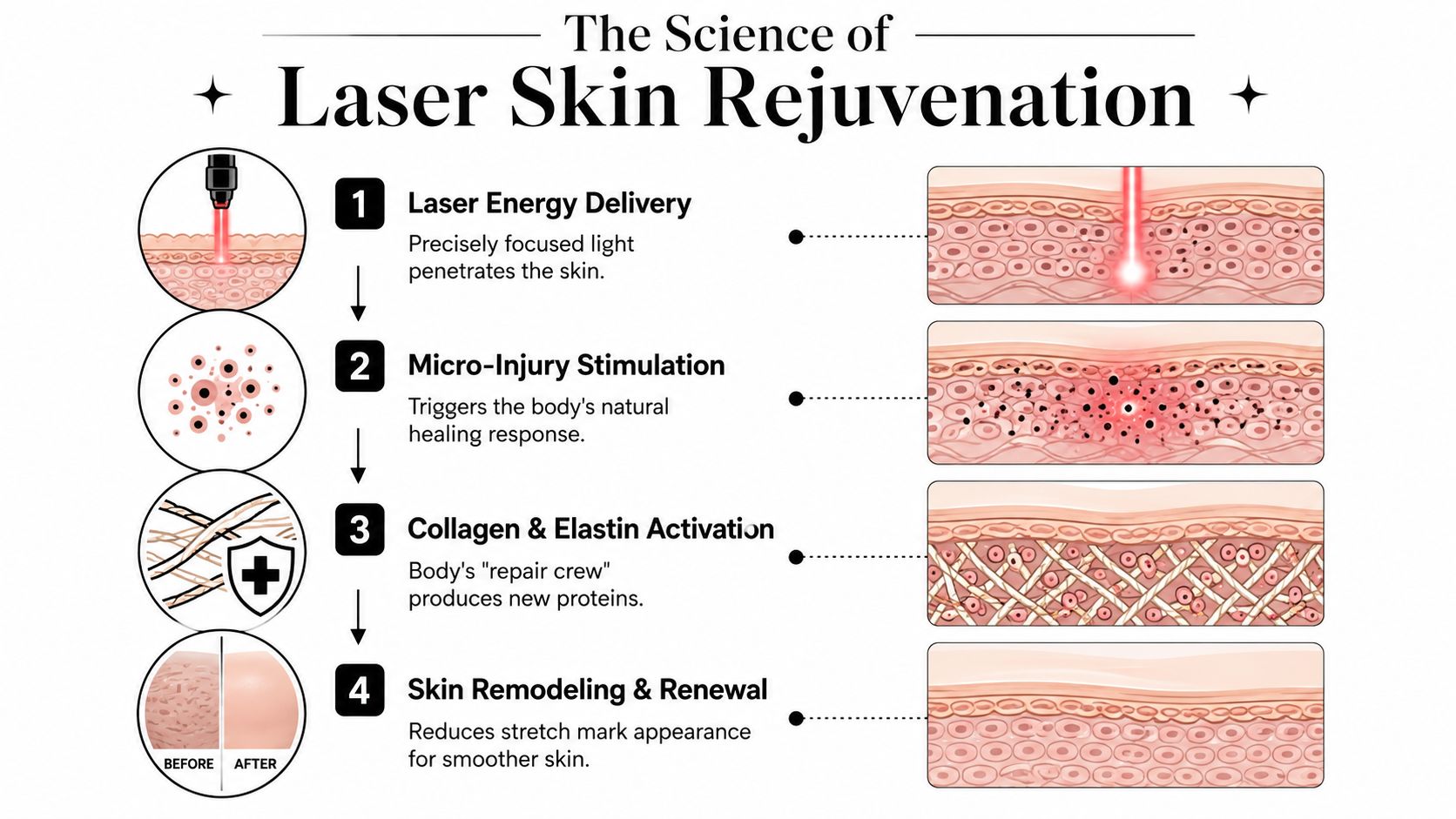 A scientific diagram illustrating the four steps of laser skin rejuvenation treatment for smoothing skin texture.