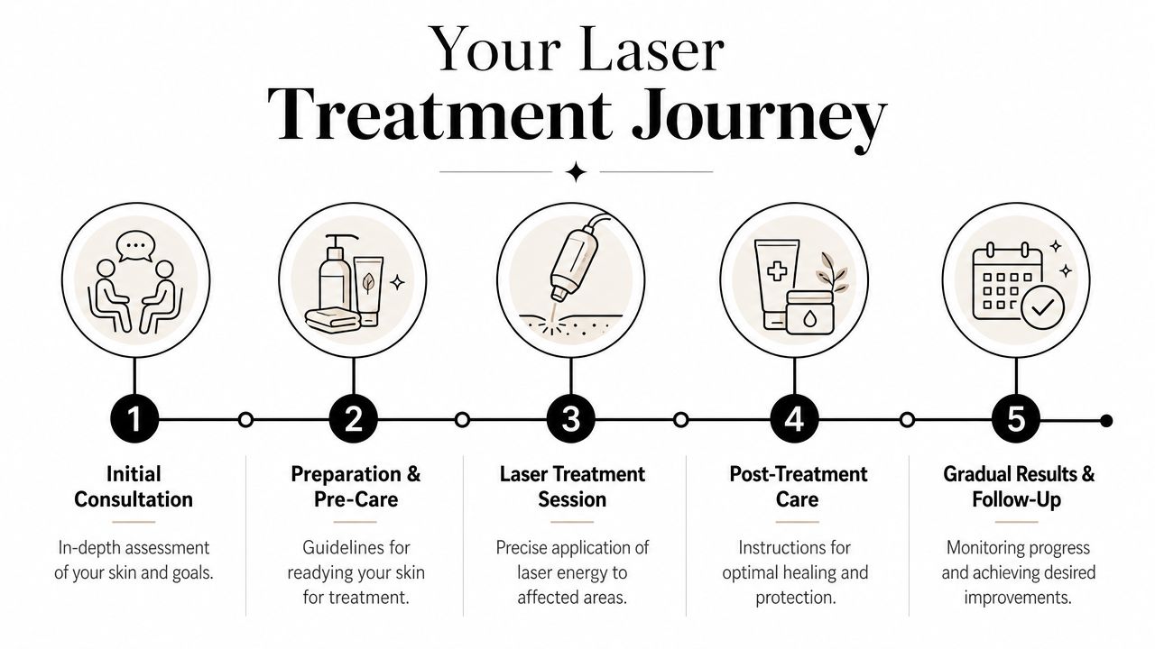 A five-step infographic illustration outlining the stages of a professional laser treatment journey for skin.
