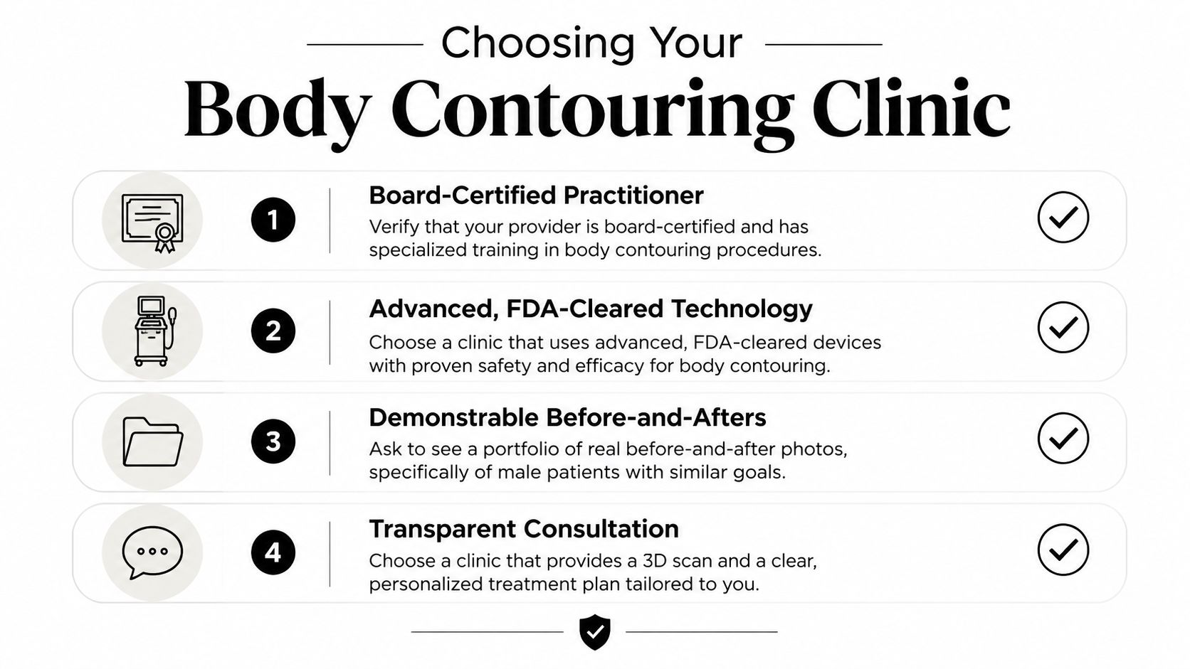 An infographic list outlining four key steps for choosing the right body contouring clinic for men.