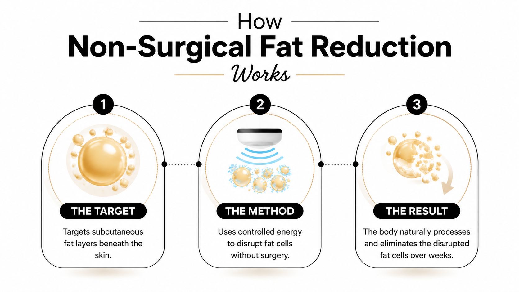A three-step infographic illustrating how non-surgical fat reduction works by targeting, disrupting, and eliminating fat cells naturally.