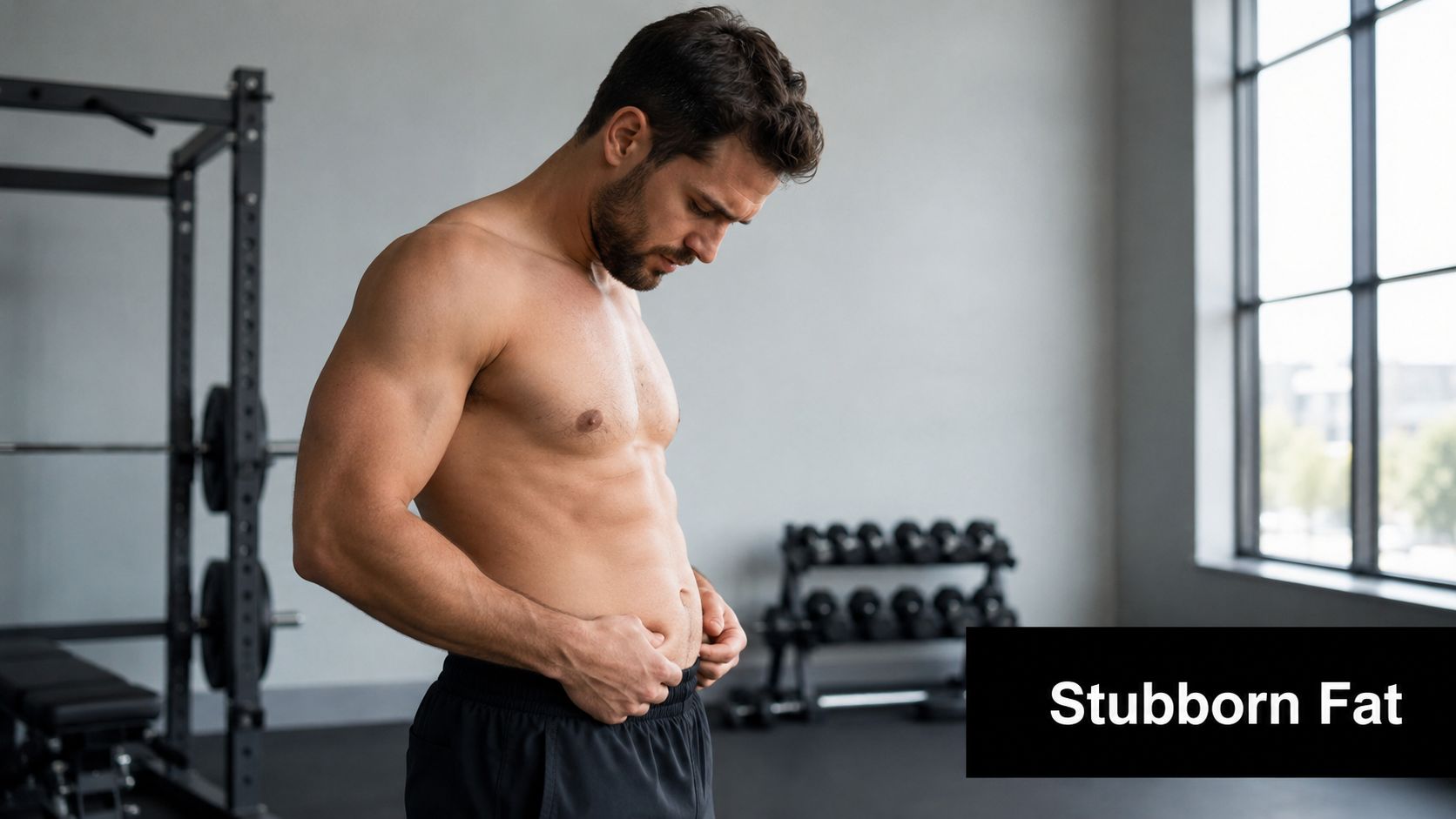 A fit shirtless man standing in a gym, pinching the skin on his abdomen to check body fat.