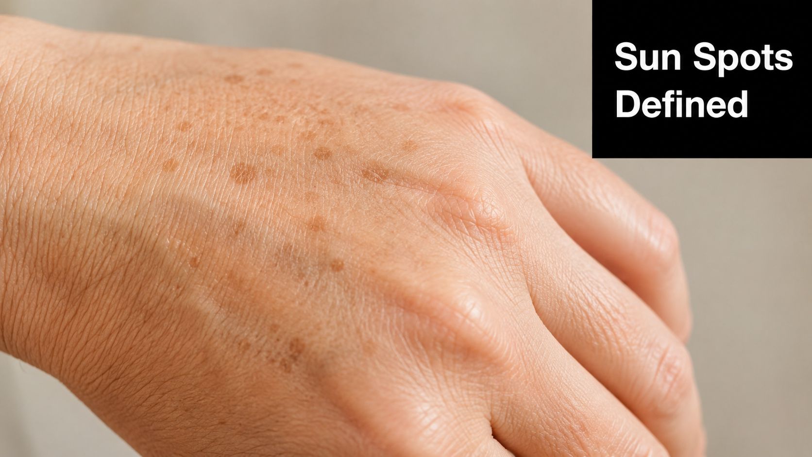 Close-up of a person's hand showing multiple small brown sun spots on the skin's surface.