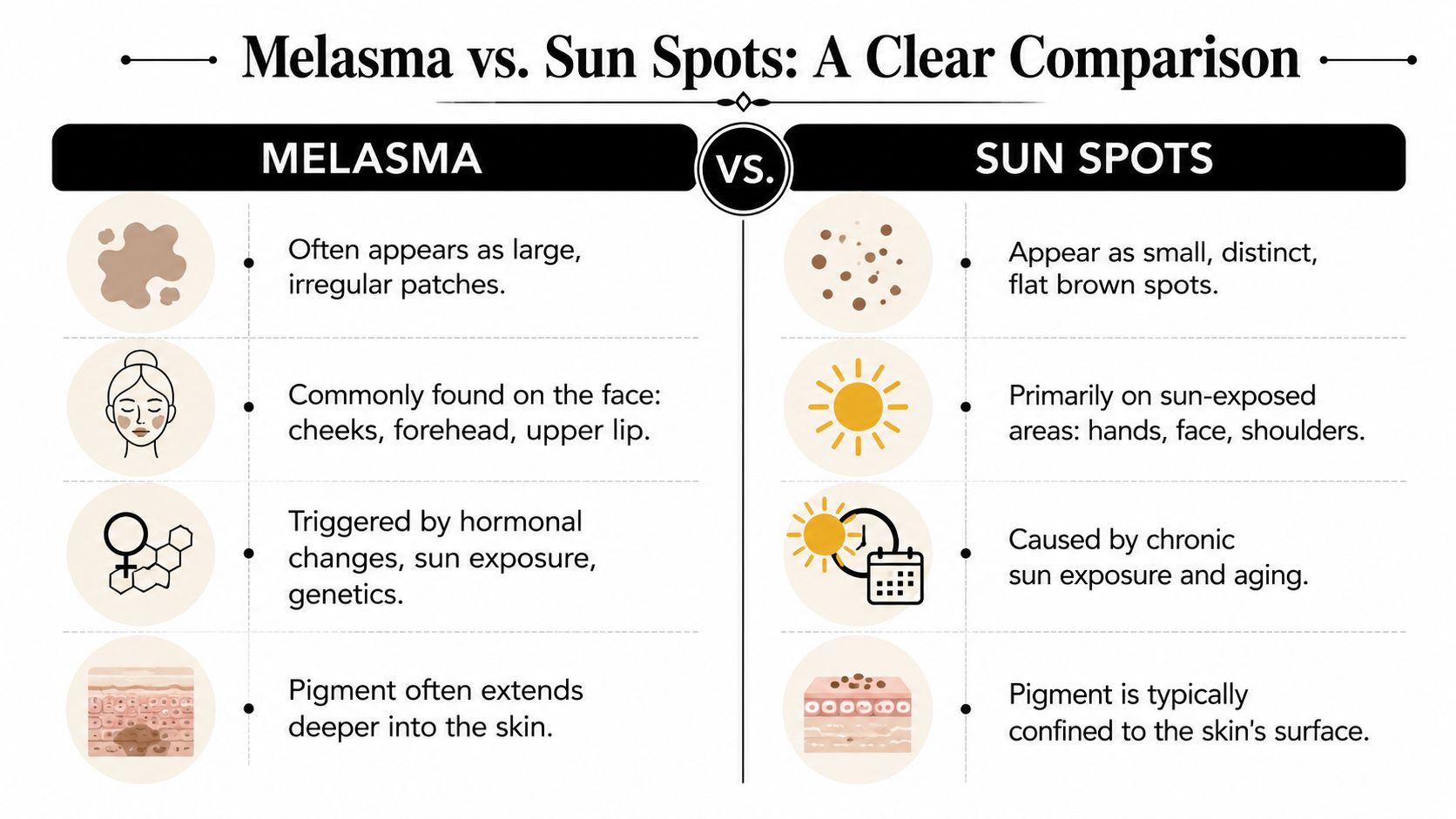 A comparison chart outlining the key differences between melasma and sun spots regarding appearance, causes, and depth.