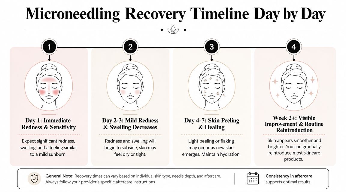 A diagram outlining the microneedling recovery timeline from day one through week two and beyond.