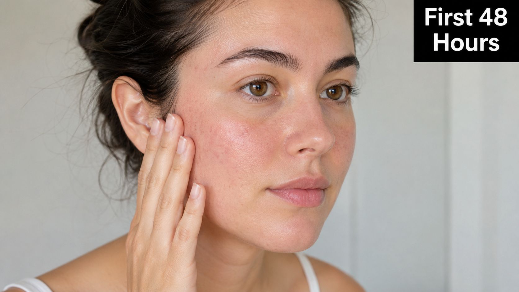 A woman gently touching her face showing skin redness and inflammation during the first 48 hours after microneedling.
