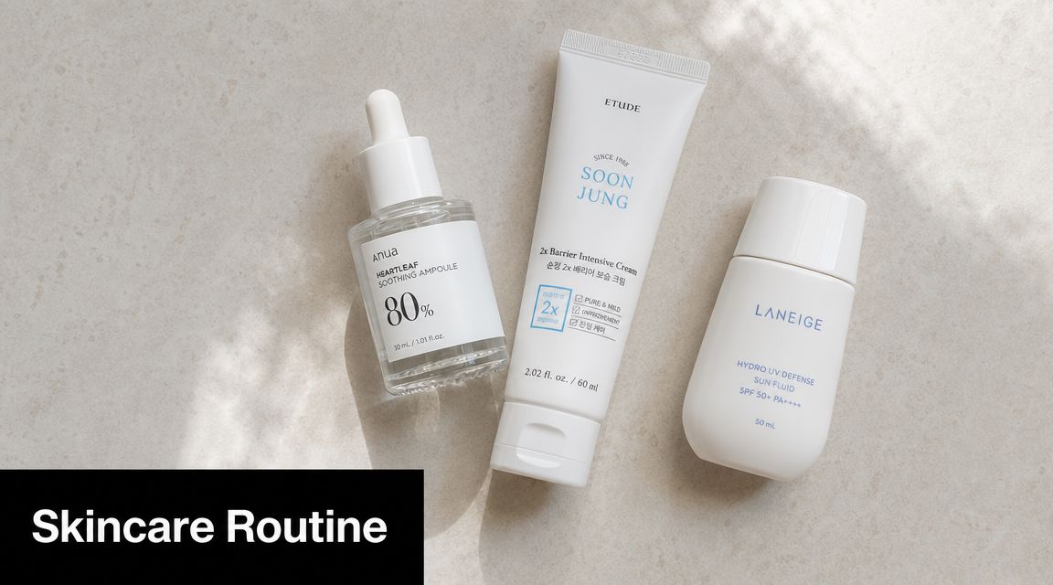 A flatlay view of a simple skincare routine featuring a serum, a barrier cream, and sun fluid.