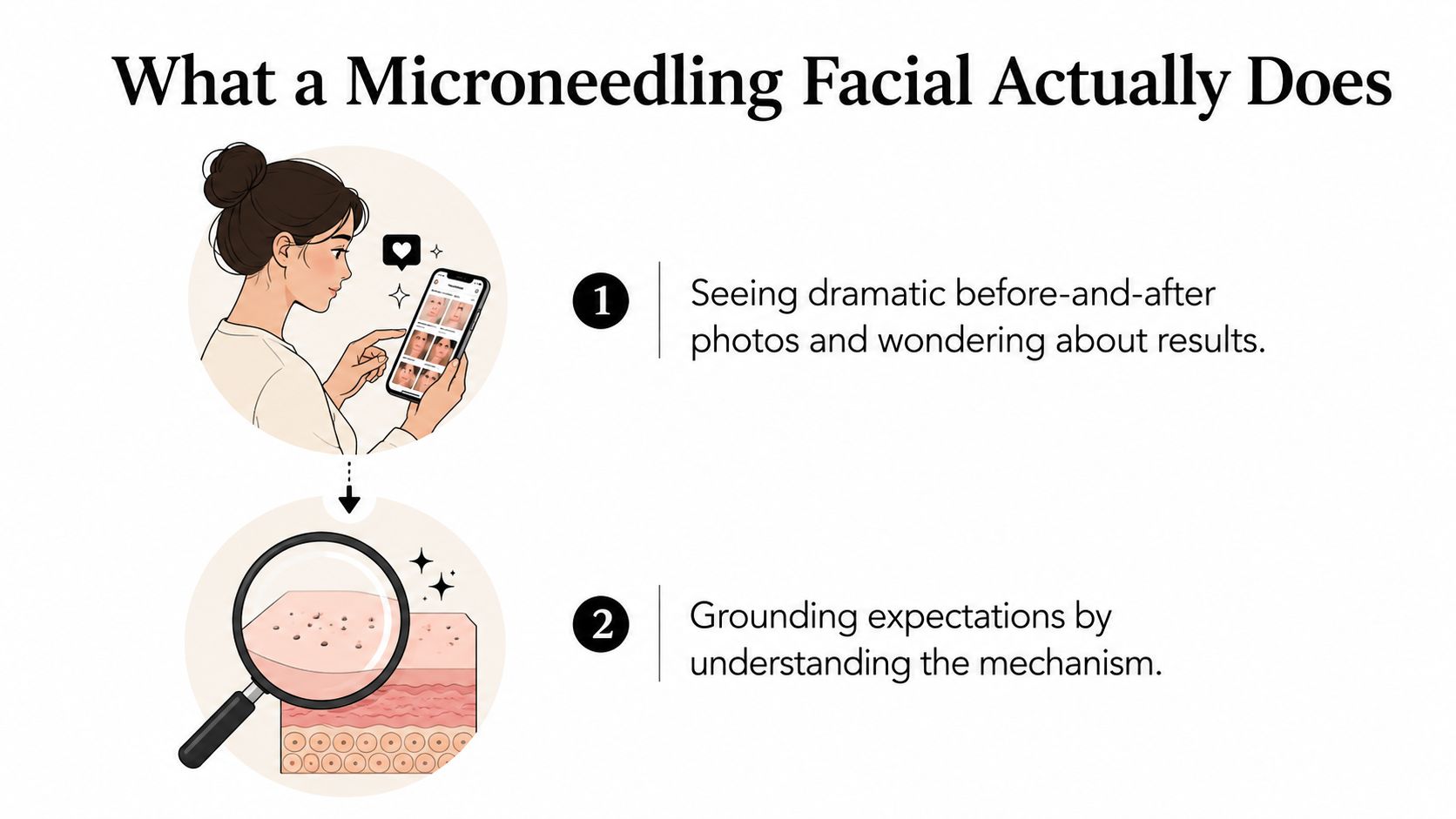 An infographic showing two steps to understand the mechanism behind the microneedling facial procedure.