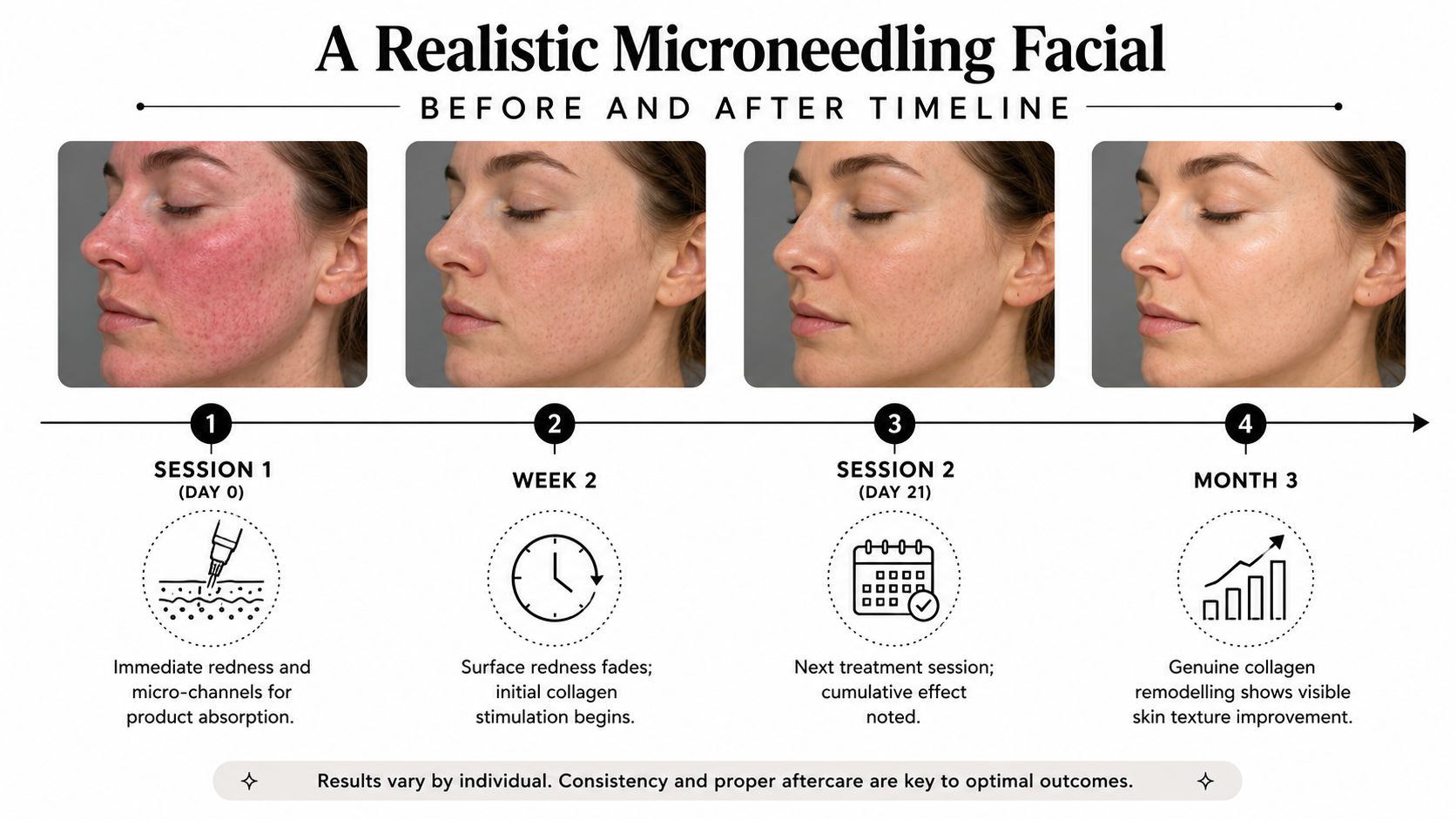 A timeline graphic showing skin recovery stages after a microneedling facial from day zero to month three.