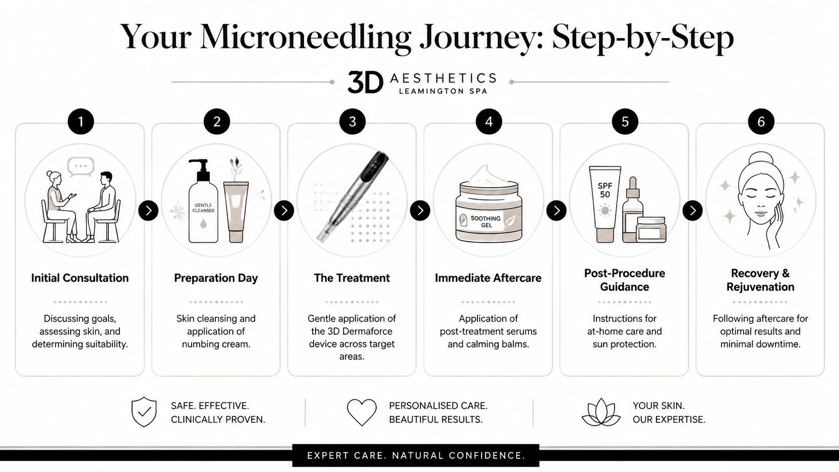 A six-step infographic detailing the professional microneedling treatment process from initial consultation to skin recovery.