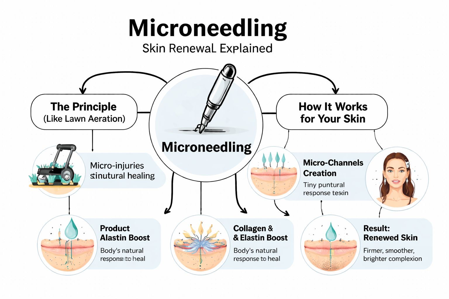 An infographic explaining the process and skin benefits of microneedling treatments for facial rejuvenation.