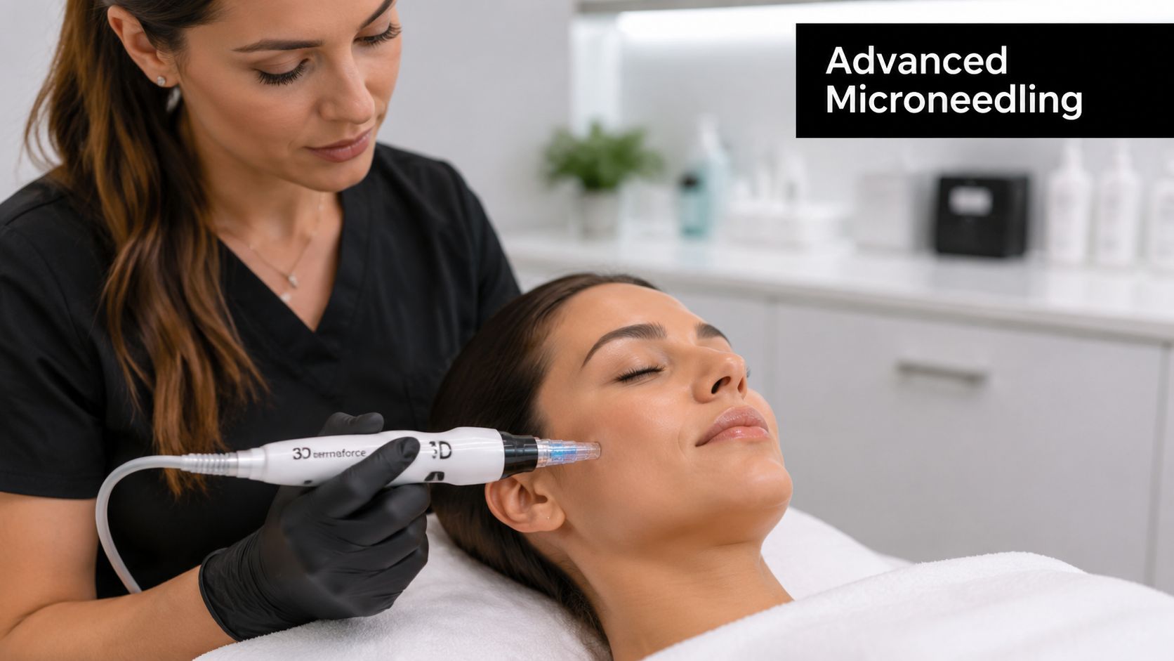 A professional esthetician performing an advanced microneedling facial treatment on a client in a clinical setting.