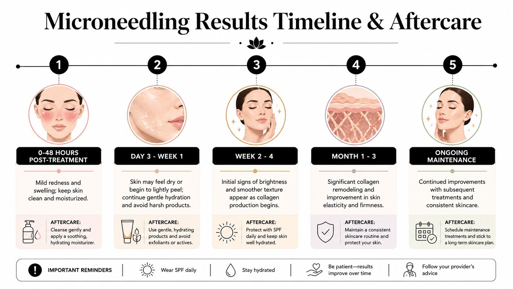 A visual timeline chart illustrating the recovery stages and essential aftercare steps following a microneedling facial treatment.