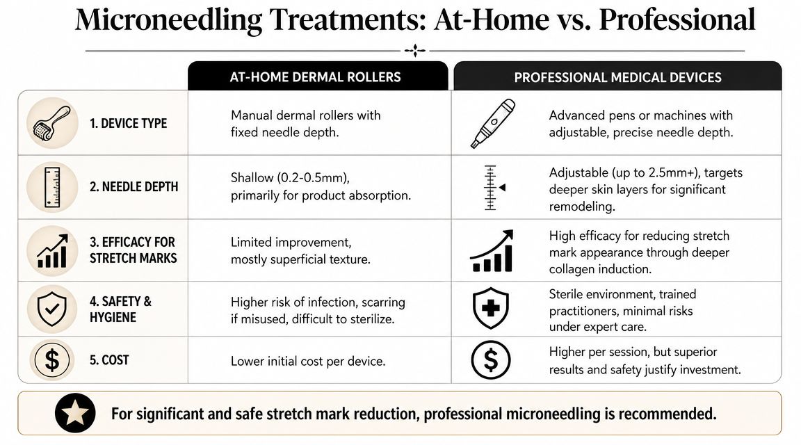 A comparison chart outlining differences between at-home dermal rollers and professional microneedling medical devices.