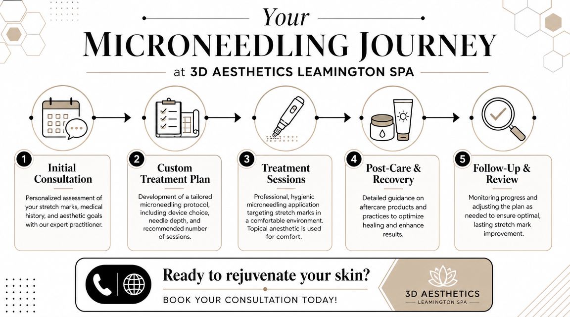 A five-step infographic showing the microneedling treatment process for stretch marks at 3D Aesthetics Leamington Spa.