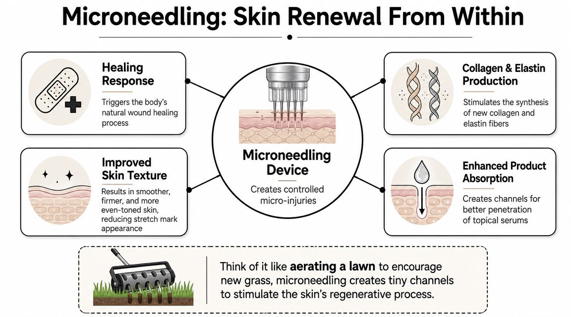 An infographic explaining how microneedling works to improve skin texture, stimulate collagen, and treat stretch marks.