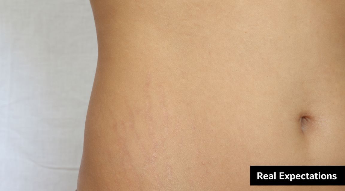 Close-up of human skin on the abdomen showing visible stretch marks with a neutral background.