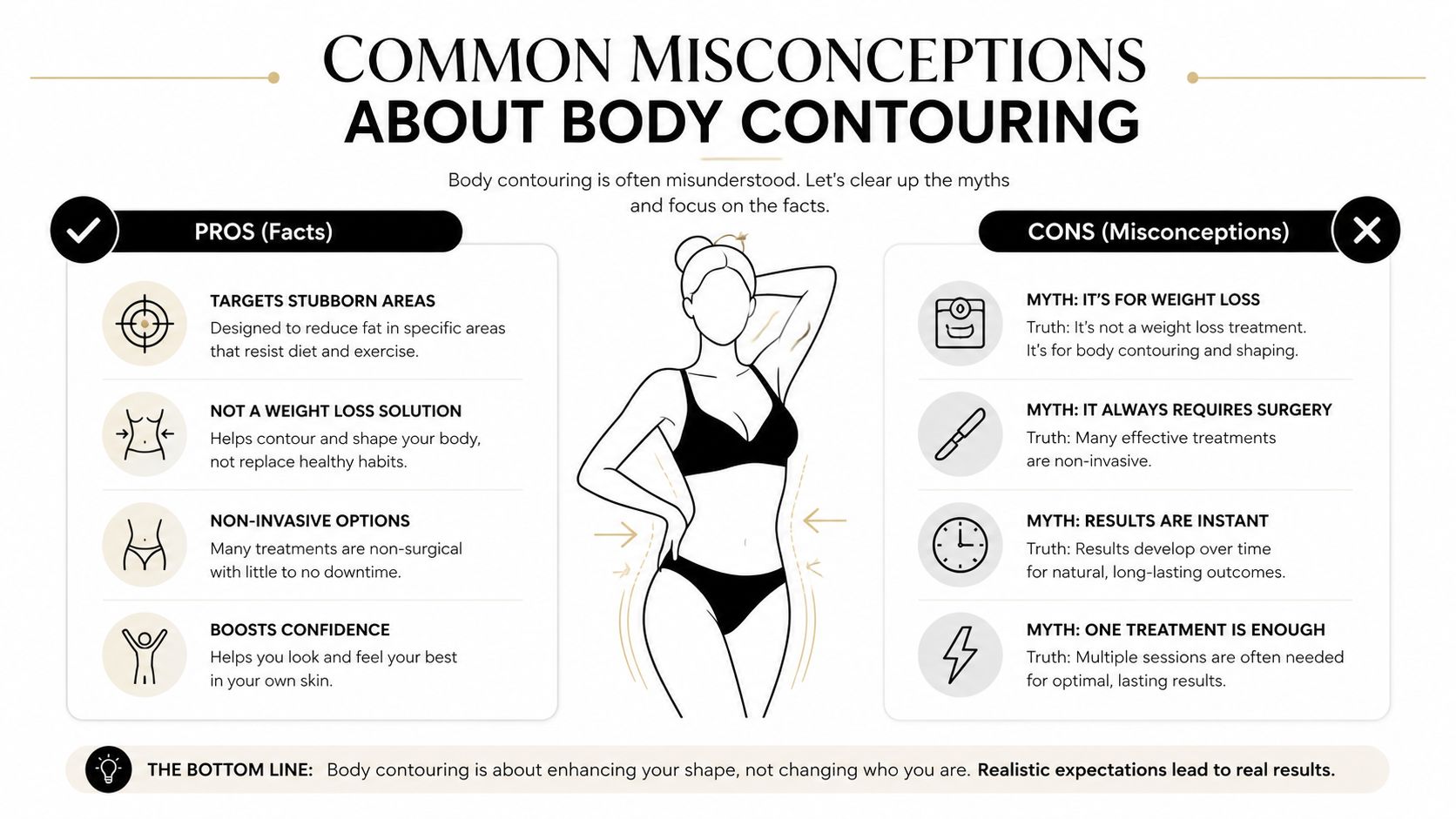 An infographic comparing the pros and common misconceptions about non-surgical body contouring treatments and results.