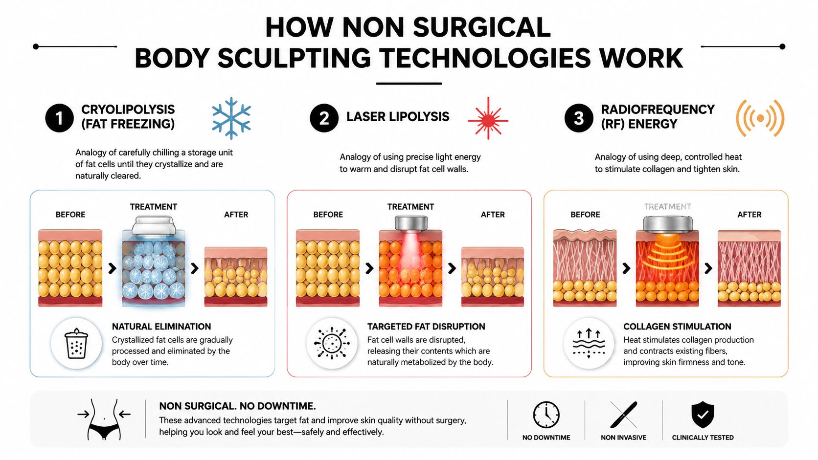 An infographic explaining how three non-surgical body sculpting technologies work, including cryolipolysis, laser lipolysis, and radiofrequency energy.