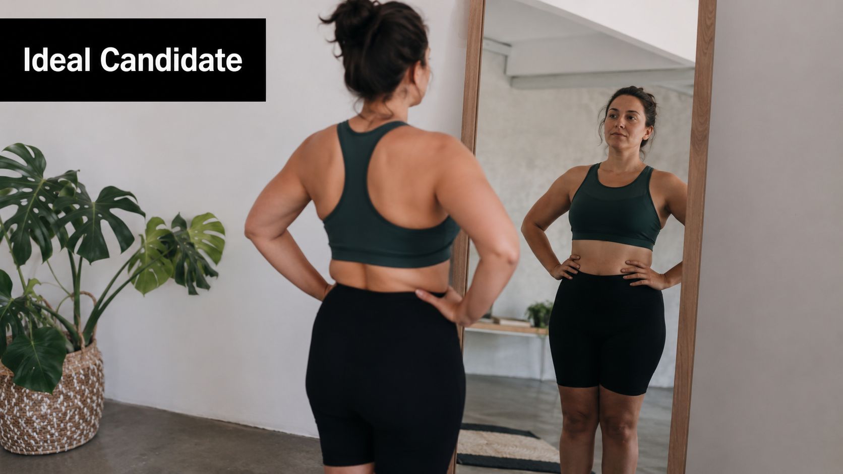 A woman looks at her reflection in a large mirror while assessing her fitness and body progress.