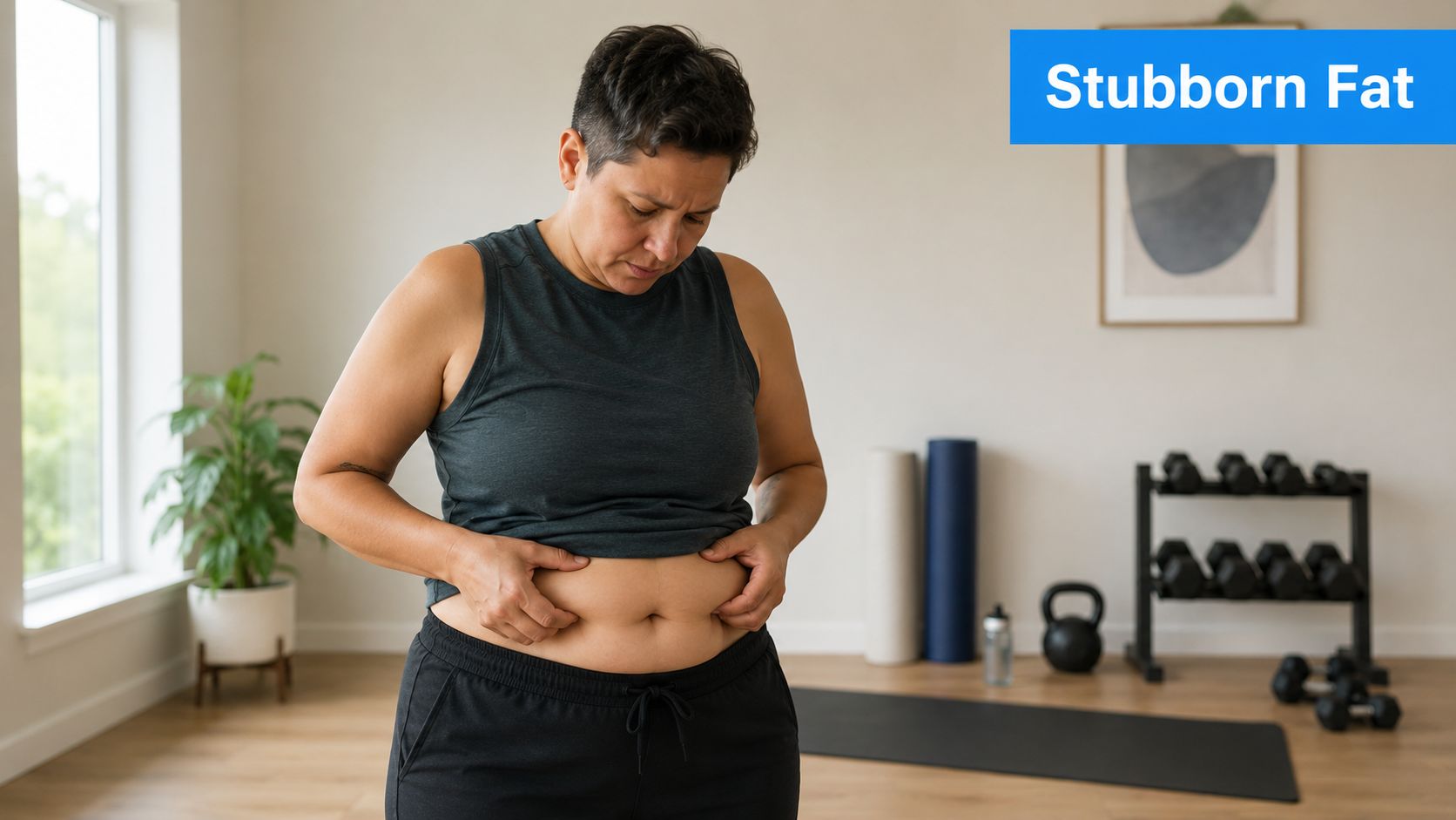 A person looking down and pinching the skin on their stomach in a home gym setting.