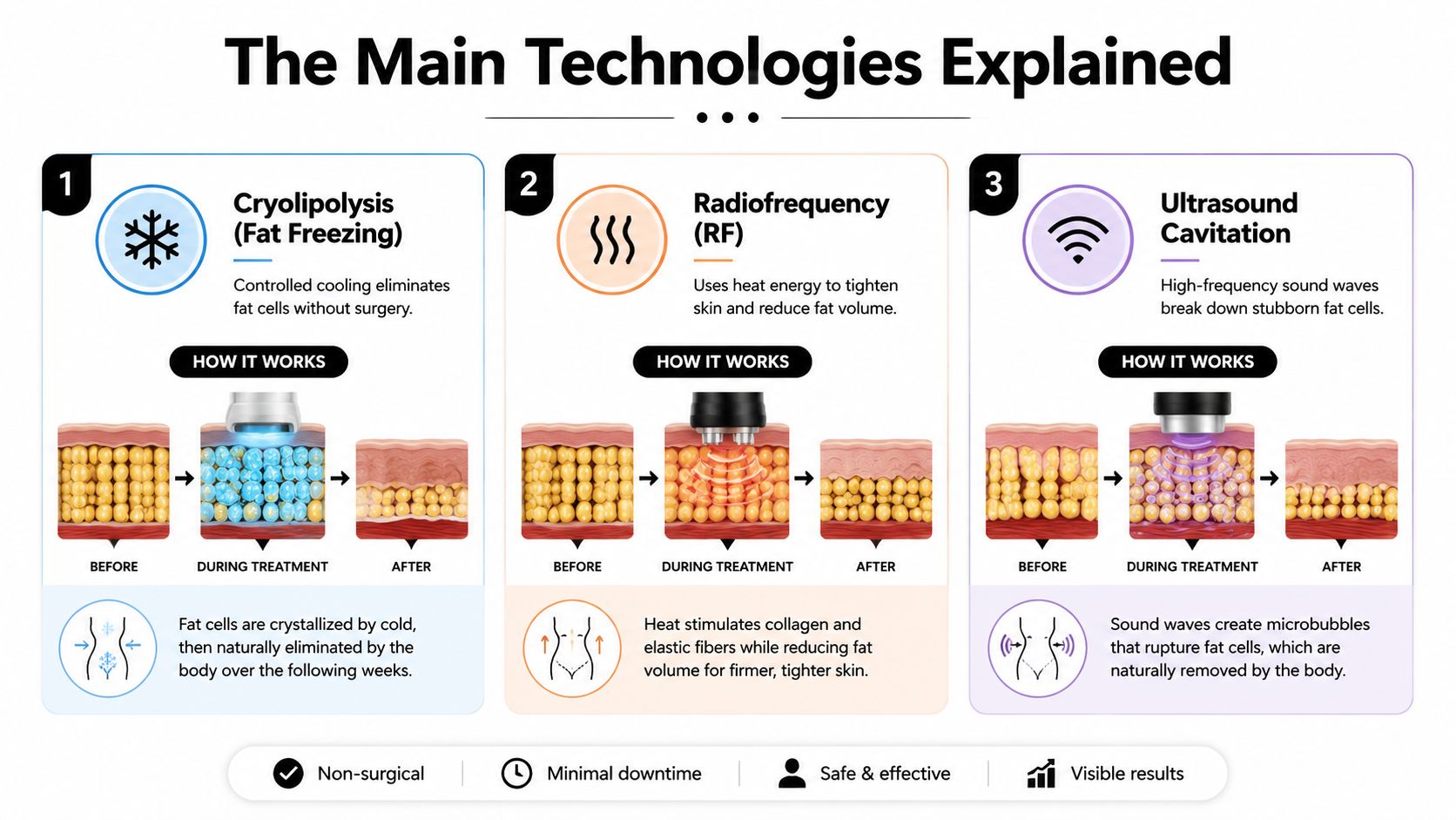 An infographic illustrating three non-surgical fat reduction technologies: Cryolipolysis, Radiofrequency, and Ultrasound Cavitation with treatment process explanations.