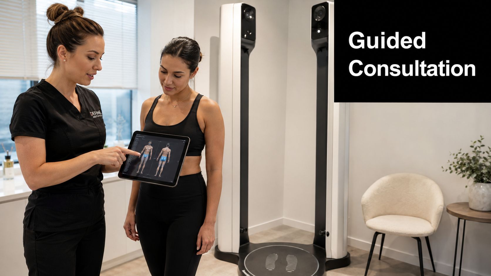 A professional aesthetician discusses body composition results with a client using a digital tablet during consultation.